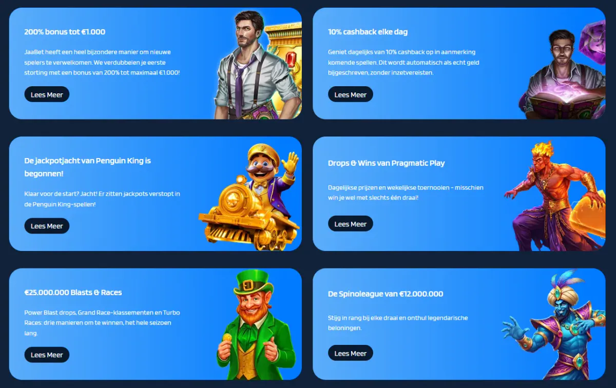 Overzicht van casinobonussen, cashbackacties, jackpotprijzen en Drops & Wins-promoties bij JaaBet Casino